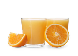 Glasses of tasty juice with oranges on white background