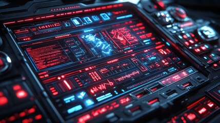 Futuristic digital interface with red and blue glowing displays.