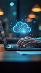 Fototapete - Businessman types on laptop with cloud computing icon. Modern tech concept of digital innovation. Working in office environment. Person focused on productivity. Using laptop for tech solutions. Cloud