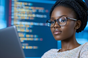 Woman wearing glasses is looking at a computer screen with a lot of code on it