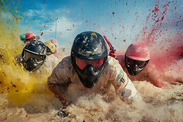 Wall Mural - adrenaline chase: paintball players strategically duck behind obstacles in intense game of skill and