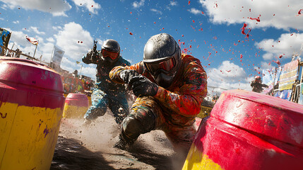 Wall Mural - adrenaline chase: paintball players strategically duck behind obstacles in intense game of skill and