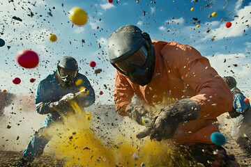 Wall Mural - adrenaline chase: paintball players strategically duck behind obstacles in intense game of skill and