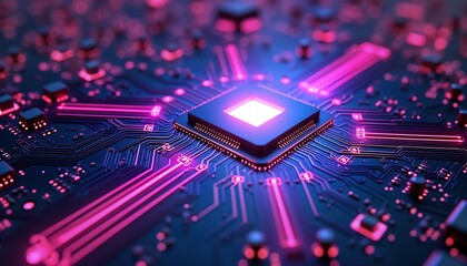 Leinwandbilder - Futuristic tech circuit board glowing in neon purple light. Detailed microprocessor component in center. High tech motherboard with illuminated tracks, components. Abstract design. Advanced digital