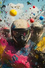 Wall Mural - adrenaline chase: paintball players strategically duck behind obstacles in intense game of skill and