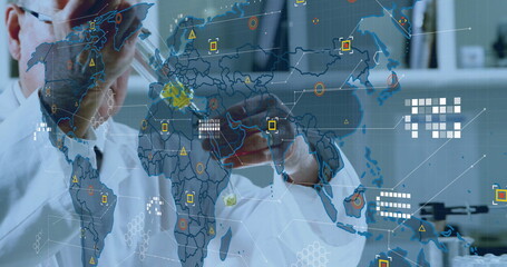Canvas Print - image of data processing over caucasian male scientist in laboratory