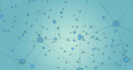 Wall Mural - image of network of connections with icons on blue background