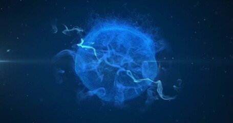 Wall Mural - image of globe with glowing light trails moving over black background