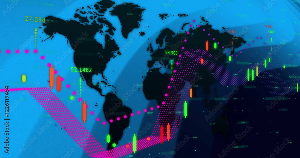 Image of data processing and world map over blue lines on black ...
