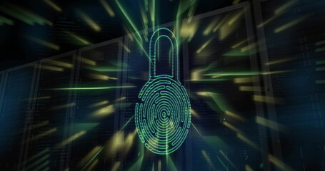 Wall Mural - Image of biometric padlock, circuit board and digital data processing over computer servers