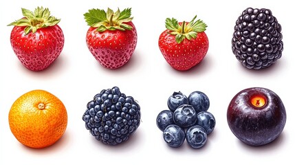 Wall Mural - A vibrant assortment of fresh fruits including strawberries, blackberries, oranges, and blueberries arranged attractively