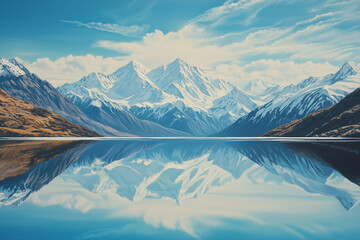 Canvas Print - Alpine Serenity: A Mountain Lake Reflects Snow-Capped Peaks