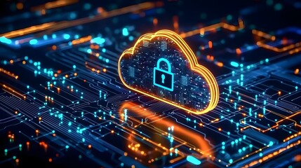 Poster - High Tech Digital Visualization of Data Protection with Glowing Neon Cloud and Lock Surrounded by Detailed Circuit Board Designs and Streaming Data Lines in Bright Orange and Blue Tones on a