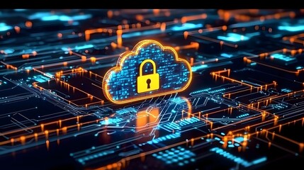 Leinwandbilder - Vibrant Luminous Cloud Padlock Icon Highlighting a Modern Representation of Cybersecurity and Digital Technology with Intricate Circuits Data Effects and a Sleek Dark Backdrop