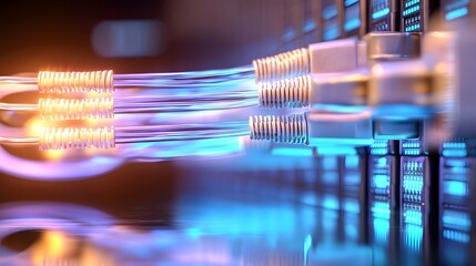 Leinwandbilder - A sleek and futuristic depiction of a digital network featuring vibrant ethernet cables connected to illuminated servers surrounded by neon data flow patterns and a dark modern backdrop