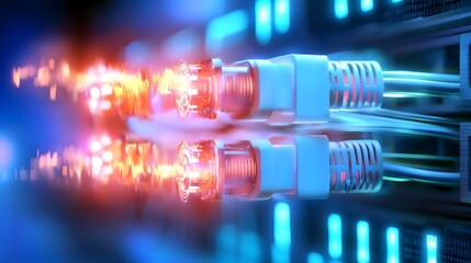 Leinwandbilder - Futuristic visualization showcasing the intricate connectivity and data transfer systems of modern digital networks  Glowing cables illuminated server racks