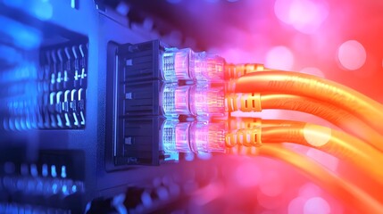 Leinwandbilder - Futuristic close up of a network switch with vibrant blue and orange glowing ethernet cables