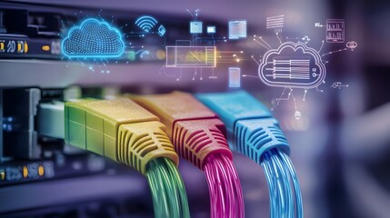 Fototapete - visualization of RJ45 UTP Cat6 LAN cables fiber optics and Ethernet connections glowing with vibrant blue and orange light integrated with icons representing cloud computing servers