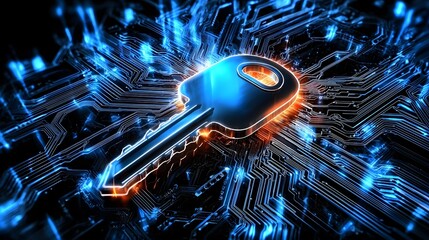 Poster - Abstract representation of a digital key floating above a complex circuit board with flowing data streams and radiant blue and orange neon highlights