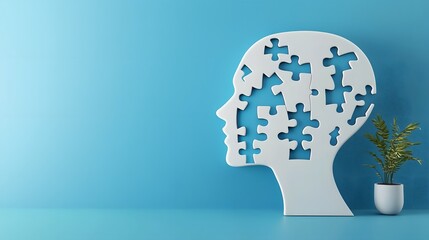Fototapete - A conceptual of a human head designed as a puzzle with missing pieces set against a clean blue background symbolizing mental health problem solving and self discovery