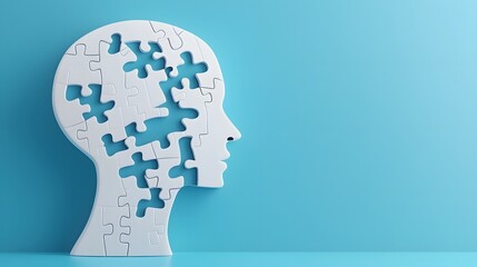 Poster - Conceptual depicting a human head designed as a puzzle with missing pieces set against a clean blue background  This image symbolizes themes of mental health problem solving self discovery