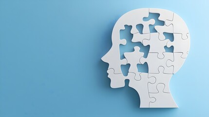 Aufkleber - Conceptual of a human head designed as a puzzle with missing pieces set against a clean blue background representing mental health problem solving and the journey of self discovery