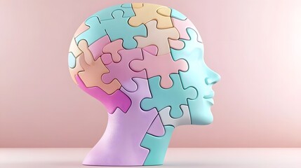 Poster - Colorful puzzle pieces assembled into the shape of a human head representing the concepts of mental health self discovery and personal growth