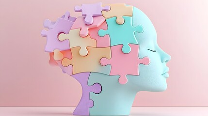 Poster - Bright and vibrant puzzle pieces forming a human head symbolizing the journey of self discovery and mental wellness on a softly blended gradient background in high clarity and focus