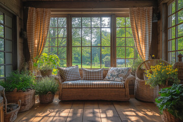 Sticker - Rustic Morning: Country-Style Sunroom with Soft Light and Gingham Curtains