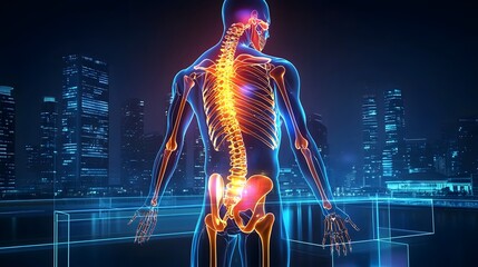 Poster - 3D rendered skeletal structure with metallic bones illuminated by neon lights in a futuristic city backdrop