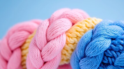 Pastel Pink, Blue, and Yellow Braided Yarn Texture Close Up