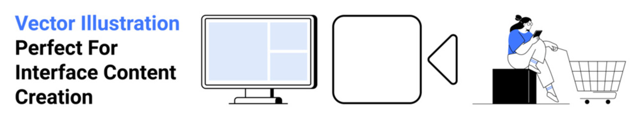 Monitor with interface layout, arrow next to user browsing phone, shopping cart. Ideal for e-commerce, digital marketing, online shopping, tech tutorials, UXUI design, consumer behavior flat landing