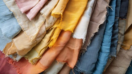 Poster - Collection of linen cloth samples showing a range of colors achieved by natural dyeing