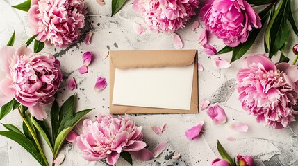 Poster - Pink peonies surrounding a blank card and envelope on a white background, perfect for wedding invitations or stationery mockups
