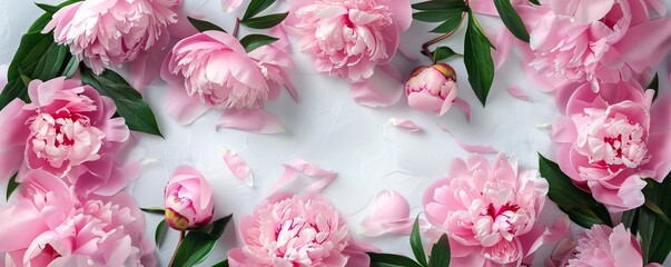 Poster - Floral frame made of beautiful pink peonies on light blue background