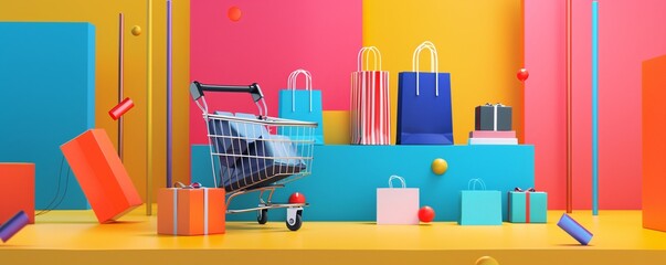 Poster - 3d render of a shopping cart full of purchases on colorful background, shopping and retail concept