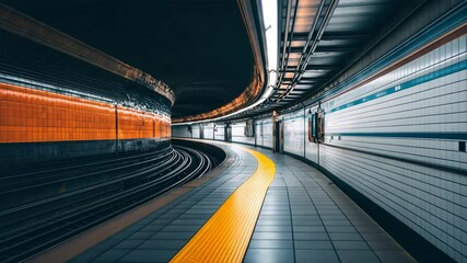 Poster - Vibrant subway station with modern architecture, curved tracks, and bright orange lighting, featuring sleek design elements and yellow safety line for enhanced safety.
