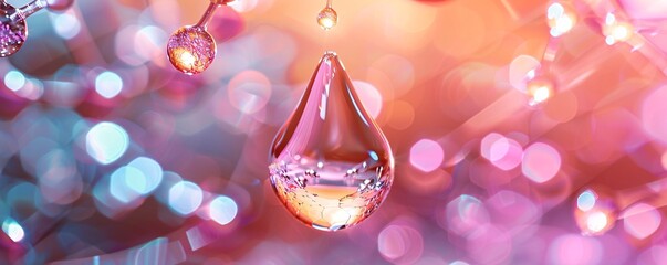 Fototapete - Solitary water droplet dangles from a glass surface, mirroring the vibrant bokeh lights in the backdrop