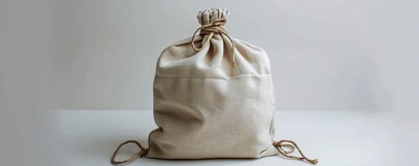 Poster - Linen fabric pouch with rope tie placed on a white table for reusability
