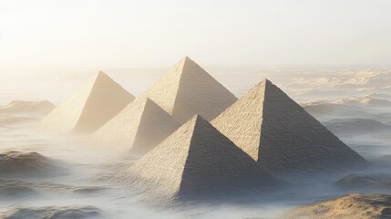 majestic pyramids rising above a misty desert landscape at dawn, symbolizing ancient civilization