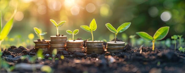 Poster - Small trees are growing from stacks of coins of increasing height showing the concept of investment growth