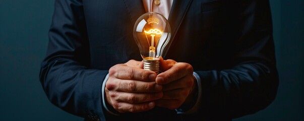 Leinwandbilder - Businessman grasping a luminous light bulb symbolizing an innovative concept