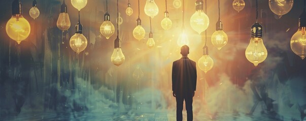 Leinwandbilder - Businessman standing in dark room looking at glowing light bulbs hanging from ceiling, concept of new idea and solution