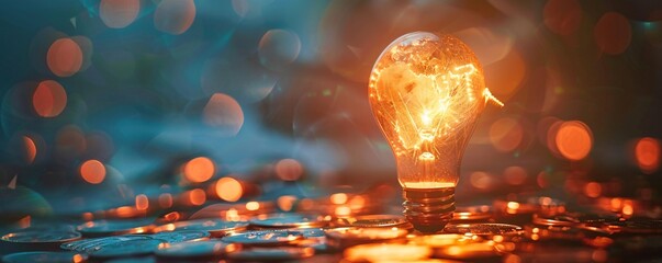 Poster - Light bulb is glowing on a bed of coins with an out of focus background