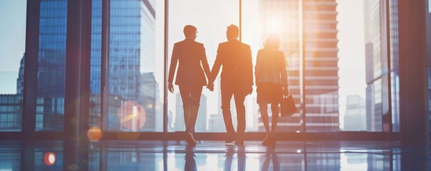Poster - Silhouette of business team walking in a modern office with cityscape view at sunset