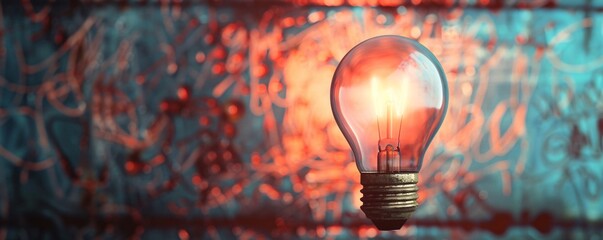Poster - Solitary light bulb emits a warm glow against a blurred backdrop