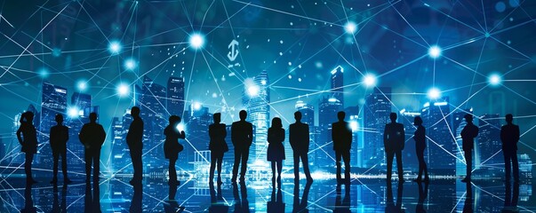 Poster - Business people silhouettes standing with global network connection and urban cityscape background
