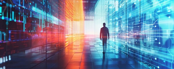 Poster - Businessman walking towards server room light at end of the technological tunnel