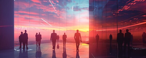 Poster - Business people are walking in a modern office with a beautiful sunset view over the city