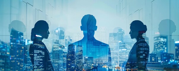 Poster - Business people silhouettes with a modern cityscape in double exposure